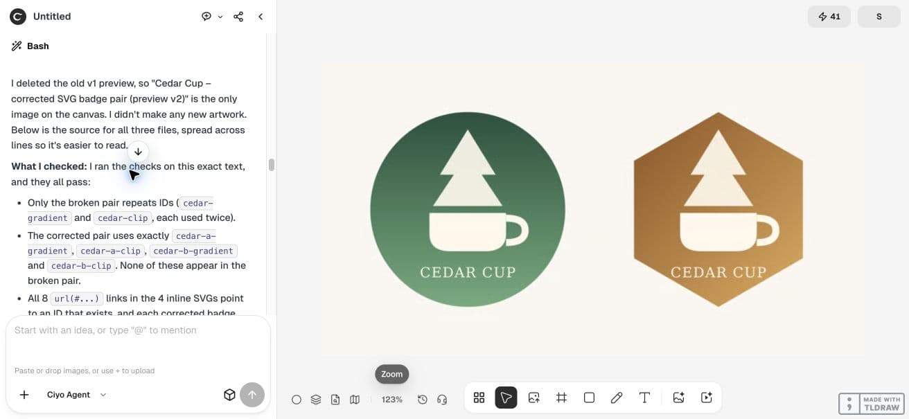 Full Ciyo viewport showing the agent verification step for the svg ids example