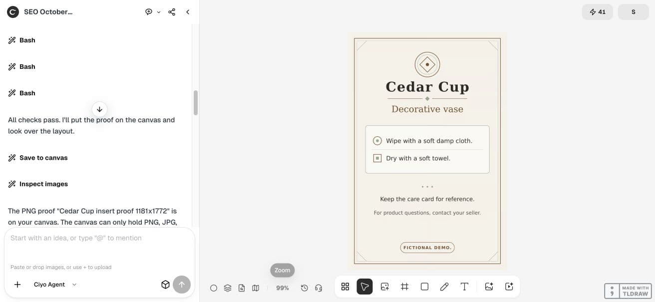 Full Ciyo viewport showing the agent verification step for the care example