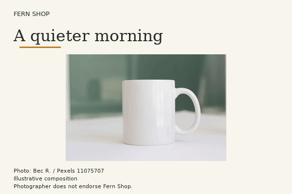 Fictional Fern Shop email graphic with a stationary white mug and headline while an amber underline moves