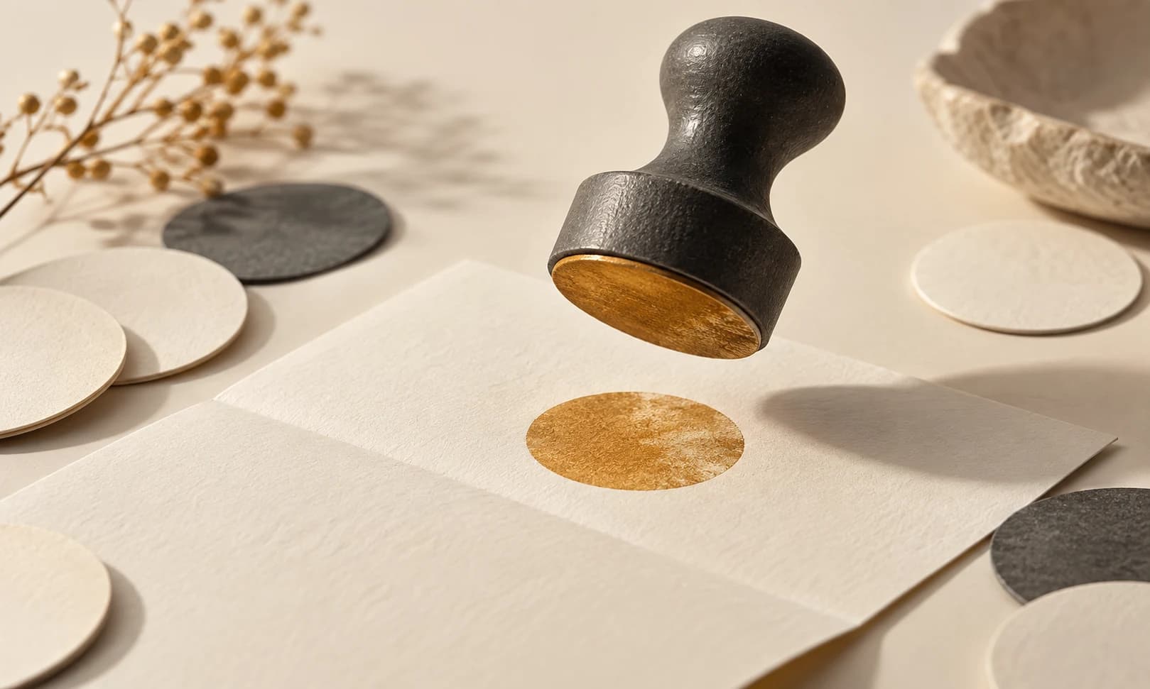 Charcoal stamp above an amber impression on ivory paper with scattered blank discs