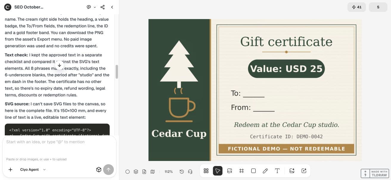 Full Ciyo viewport showing the agent verification step for the gift example