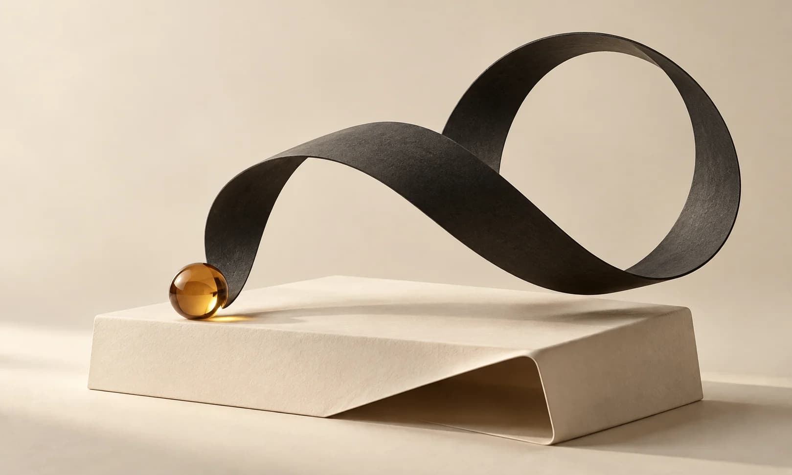 A charcoal ribbon curls back toward an amber bead above a folded ivory plinth.