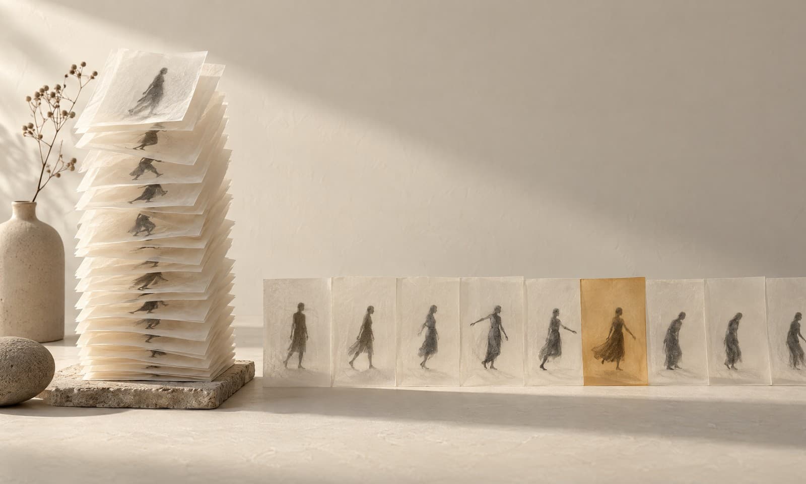 A fanned stack of translucent ivory sheets with small charcoal figures in changing poses, beside the same sheets laid edge to edge in a row with one amber sheet