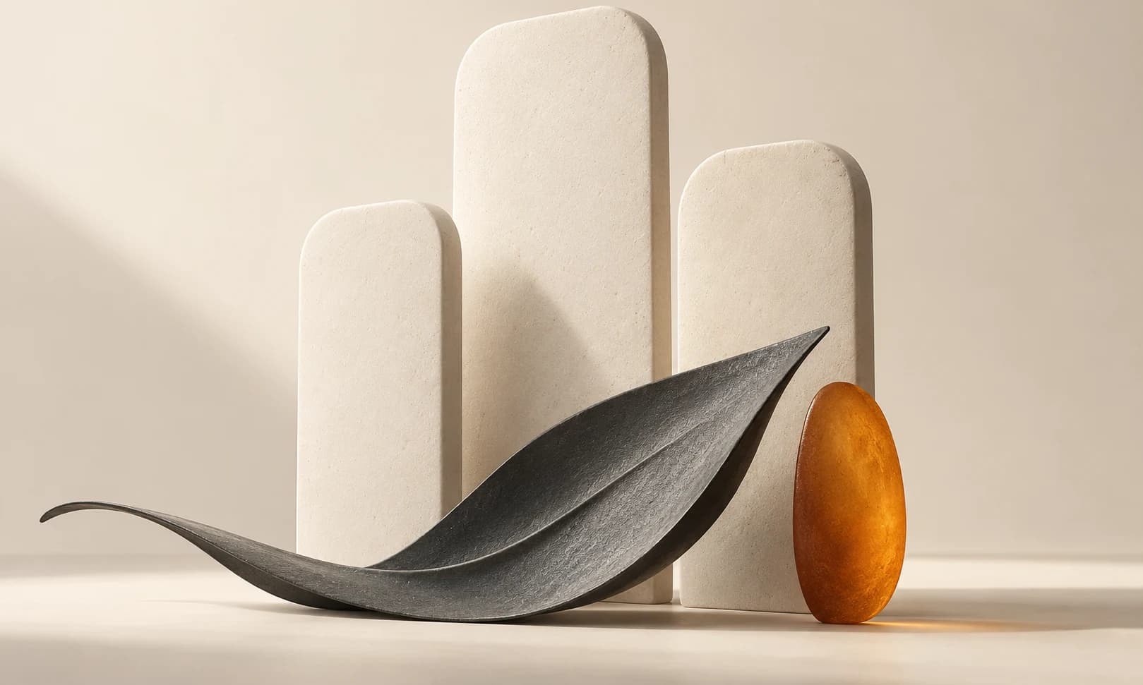 Three tall sculptural pin-like panels arranged around a small ceramic object on ivory.