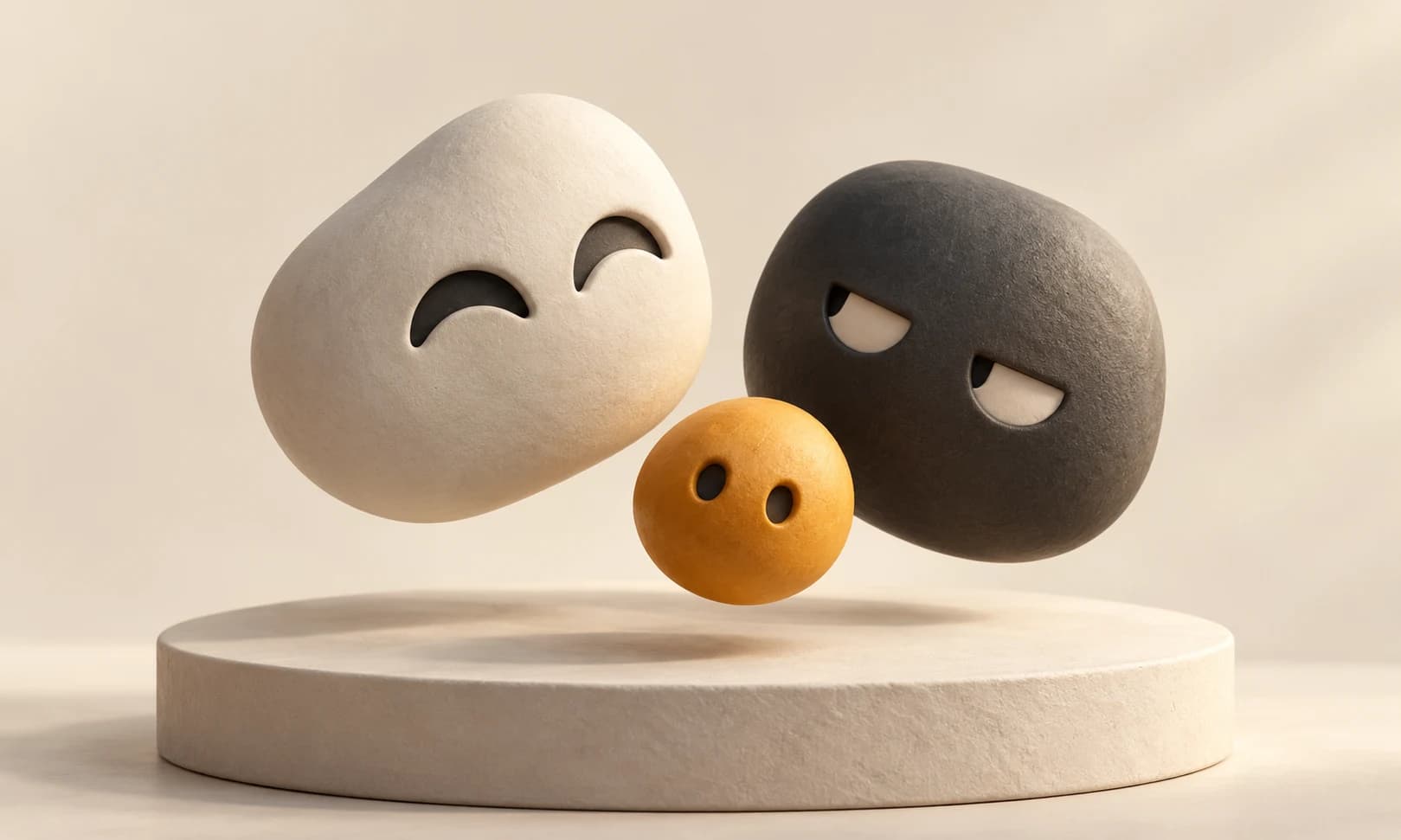 Three matte sculptural reaction-like forms with amber accents on warm ivory.