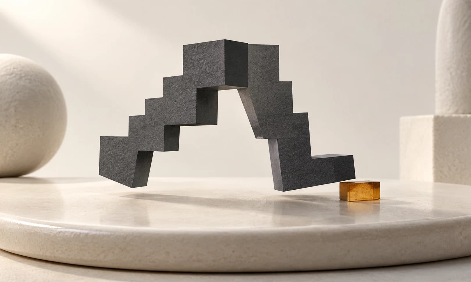 Two charcoal stepped forms suspended above an ivory platform beside an amber block