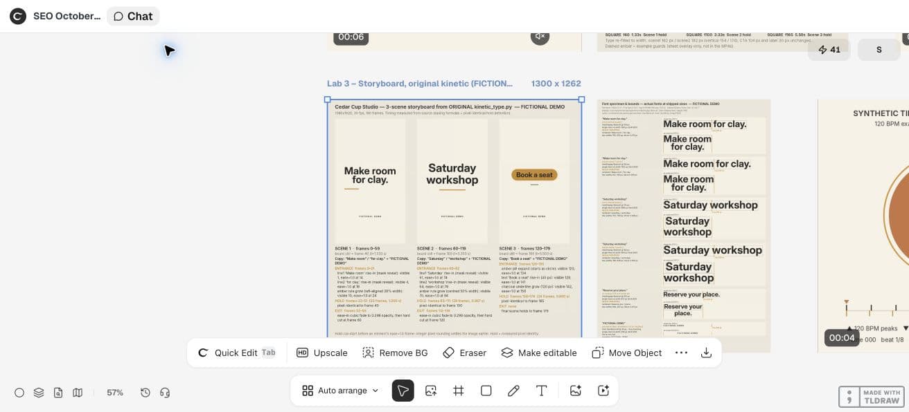Full Ciyo product viewport showing the actual fictional storyboard motion study and its review sheet