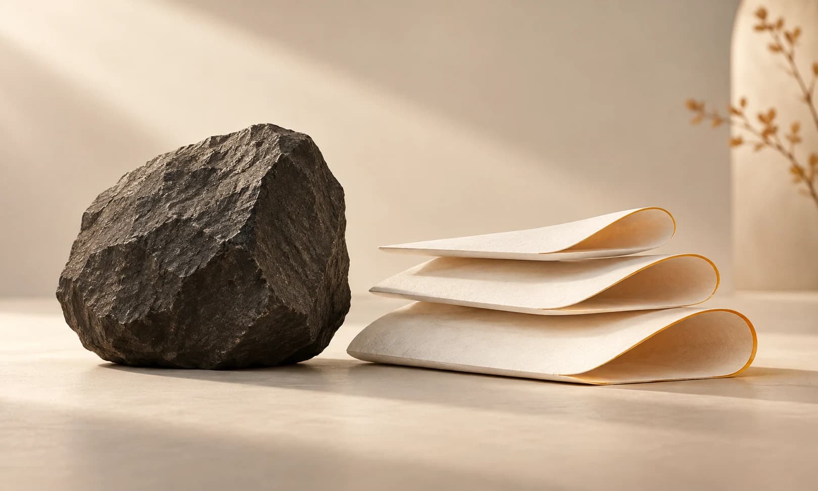 Folded ivory and graphite sheets around a small amber ceramic object