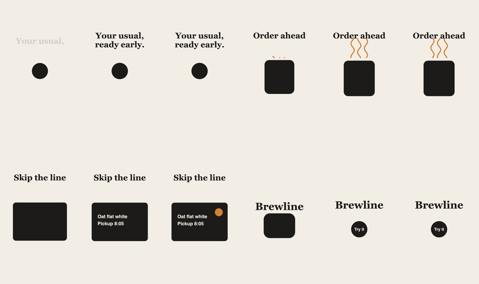Contact sheet of twelve stills from the first Brewline teaser render, where the steam lines overlap the Order ahead headline and the final Try it button is small