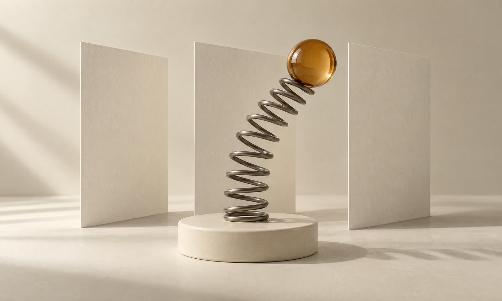A graphite coil spring arching upward on an ivory plinth with an amber glass sphere on top and thin paper sheets standing behind it