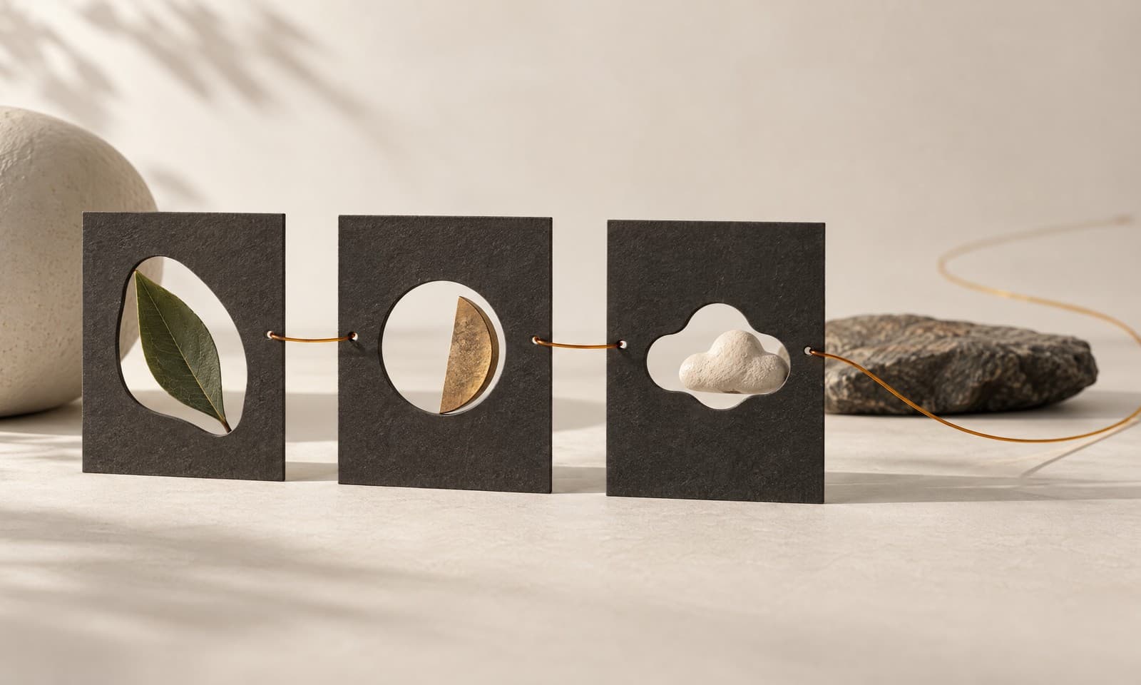 Three charcoal paper cards with cut-out windows showing a leaf, a half moon and a cloud, joined by a thin amber thread