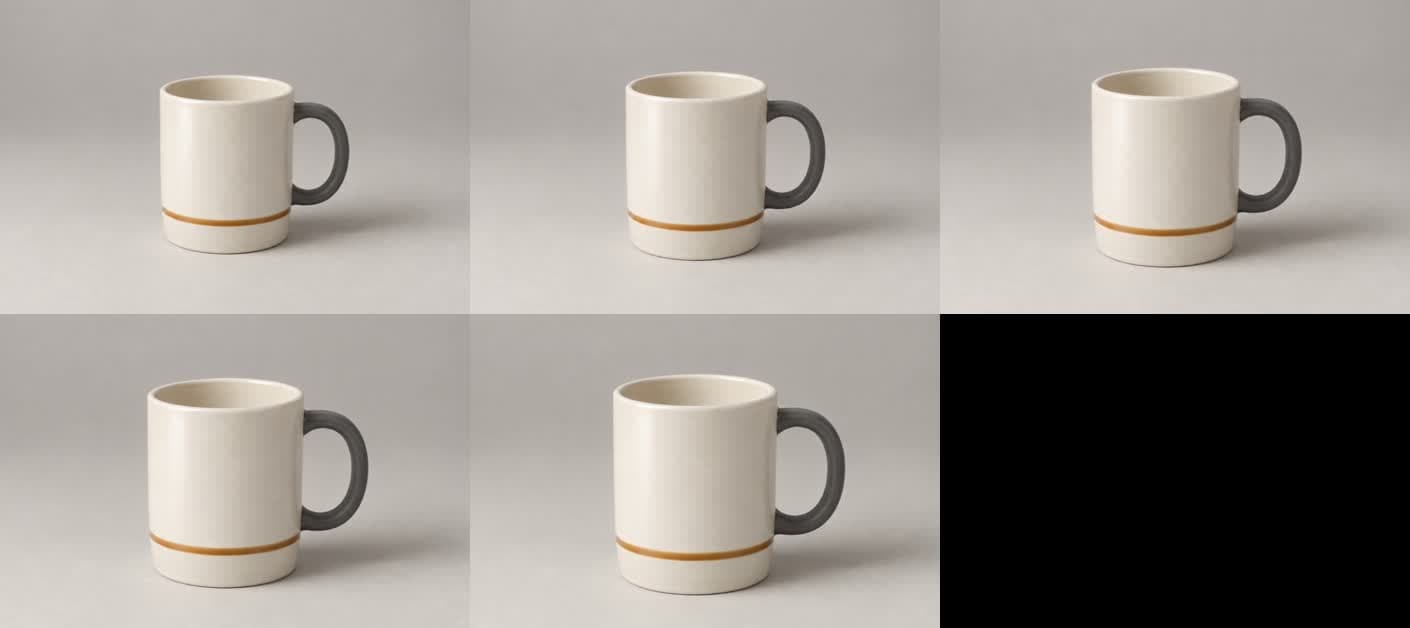 Five chronological samples from the actual Seedance mug clip show a gradual push-in.