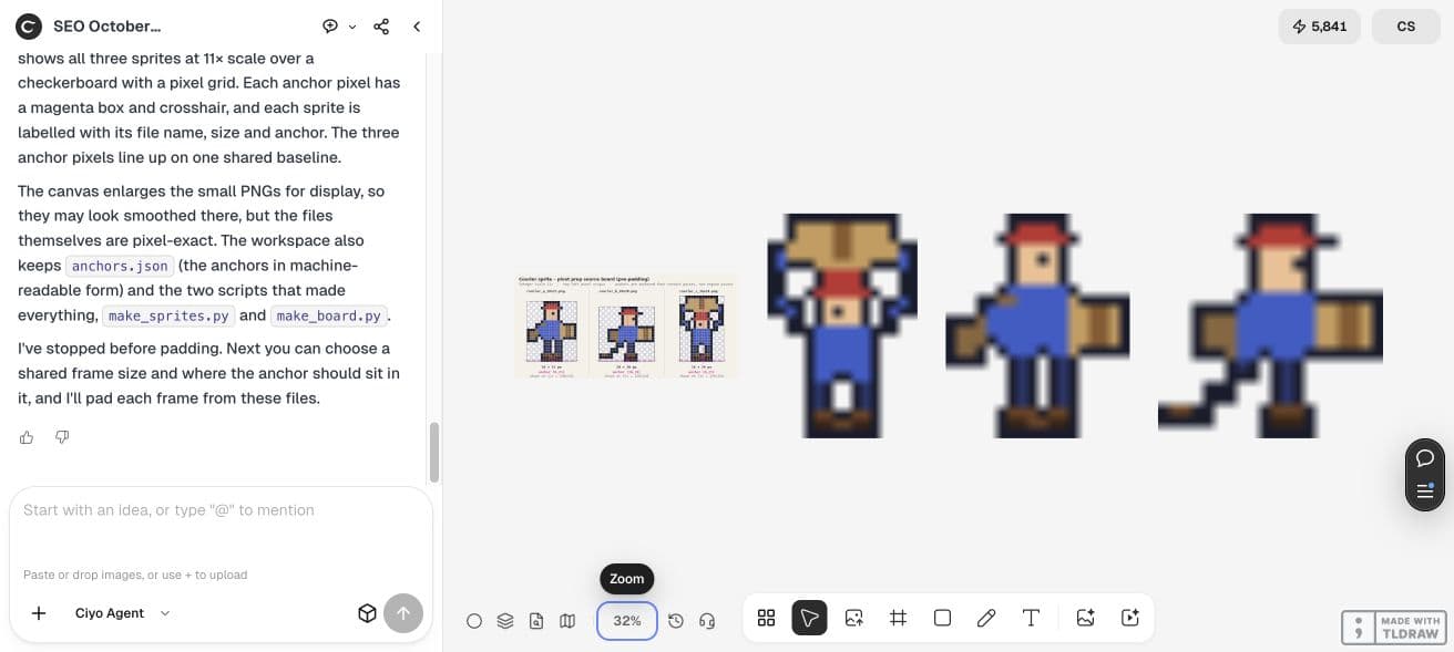 Full Ciyo viewport showing three tightly cropped courier sprites and their labelled source anchor board