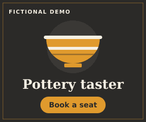 Retained fictional Cedar Workshop banner with a pottery-taster message and Book a seat action