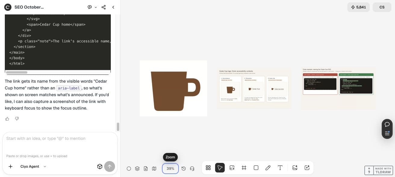 Full Ciyo canvas with the source cup, before-and-after code board and real three-context browser render