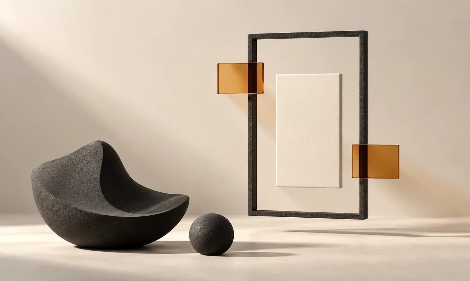 An unchanged ivory tile floats within a charcoal frame, with separate amber annotation tabs.