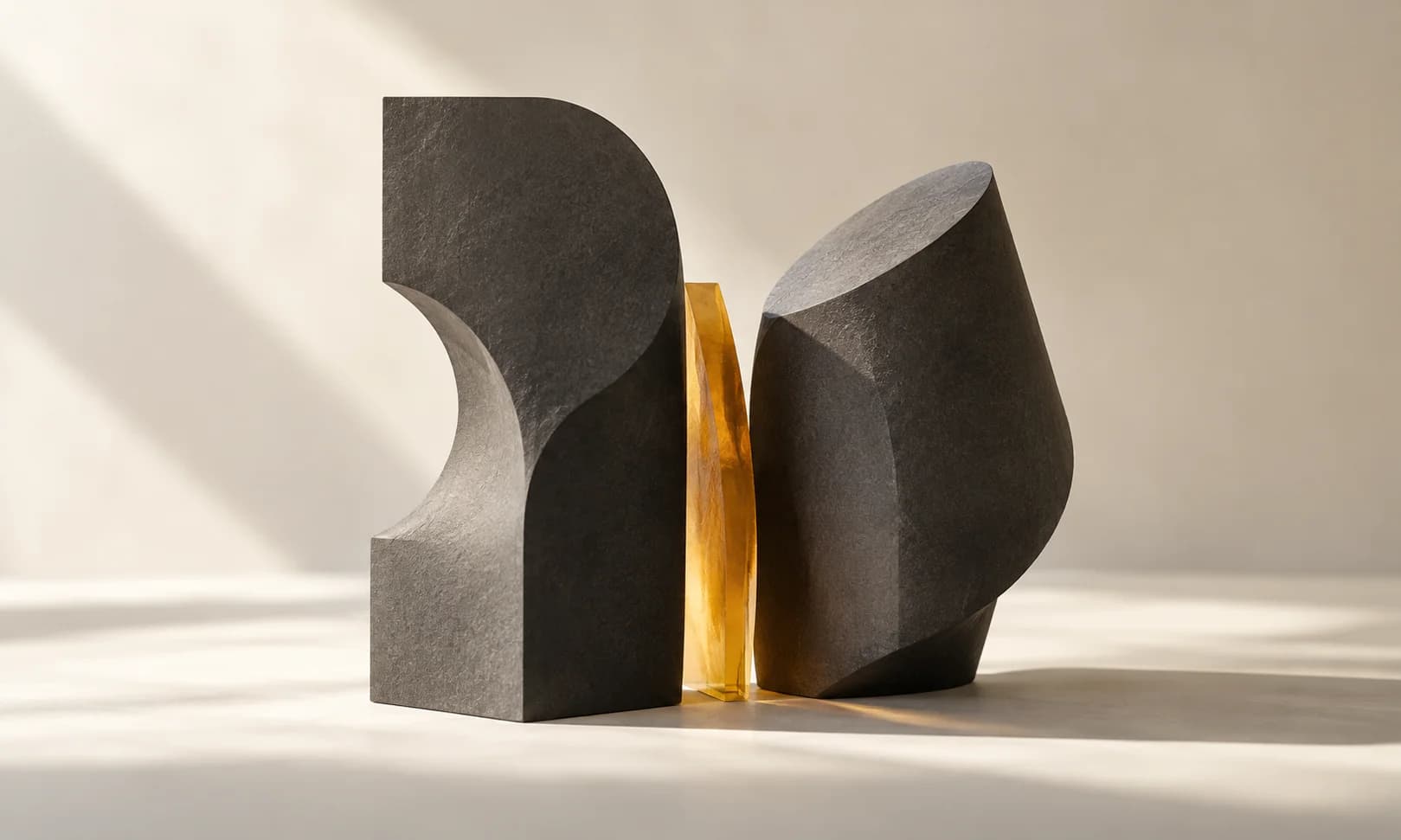 Two closely aligned charcoal paper sculptures, one upright and one rotated a little, a narrow amber spacer between them, a quiet precise change