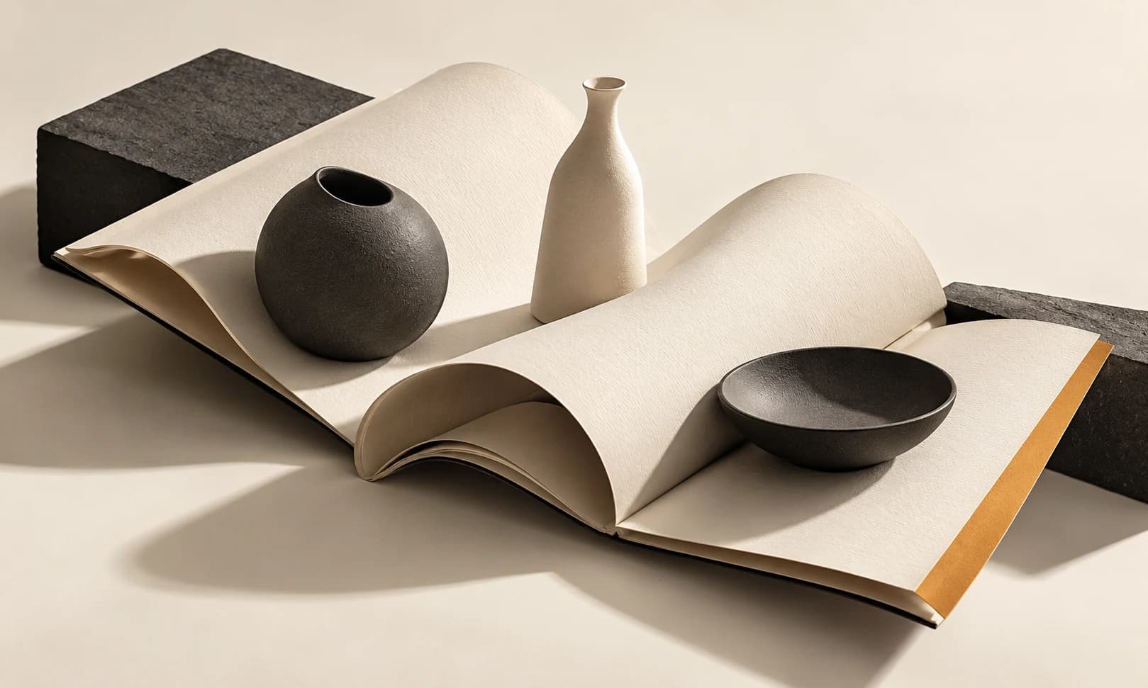 Three product-like ceramic forms arranged beside layered catalog sheets in ivory and charcoal.