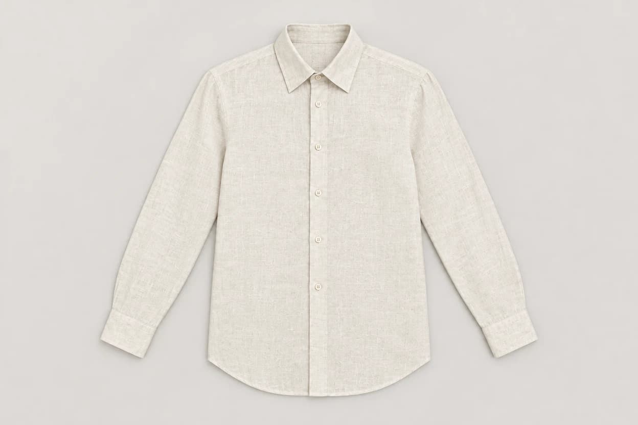 An actual Ciyo flat-lay candidate shows the complete synthetic cream linen shirt with six buttons.