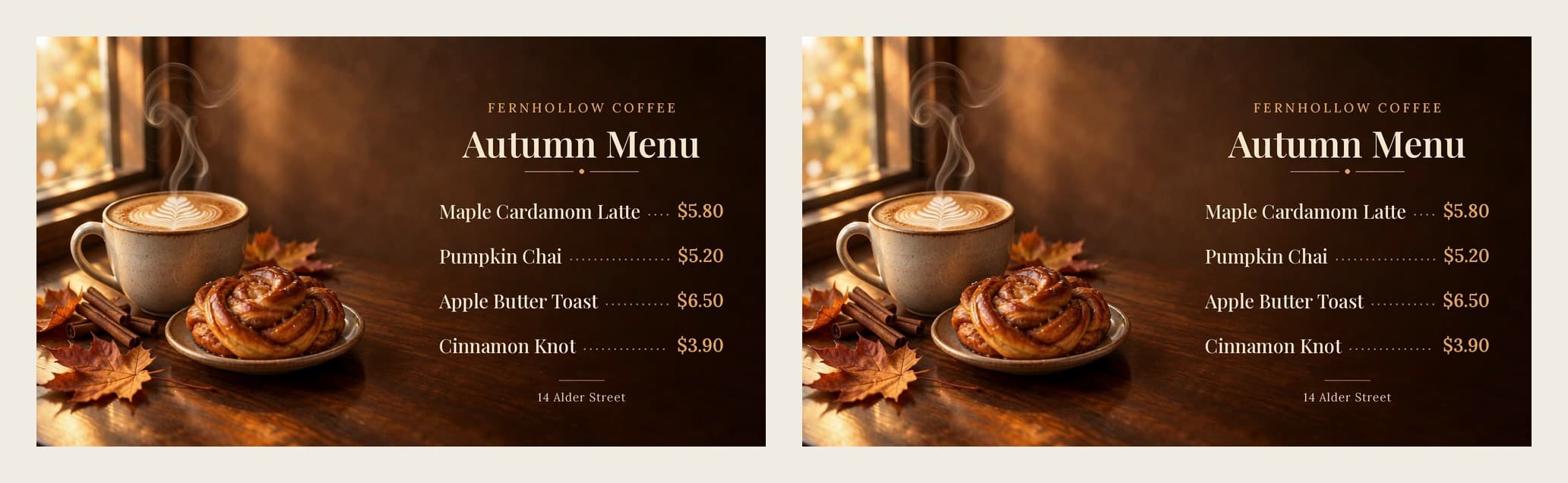 The last frame and the first frame of the menu loop side by side, almost identical