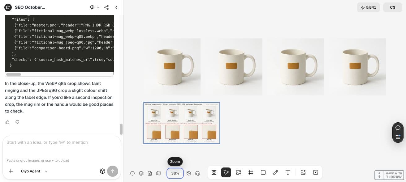 Full Ciyo canvas with unchanged master, three export candidates and labelled actual-file comparison