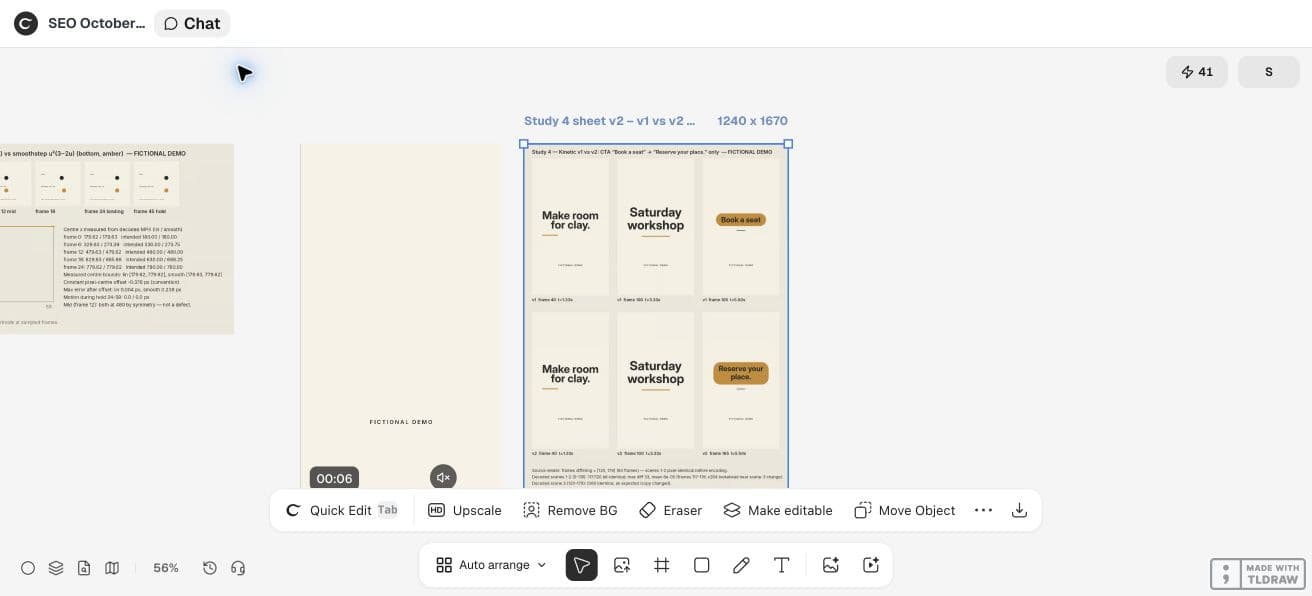 Full Ciyo product viewport showing the actual fictional revision motion study and its review sheet