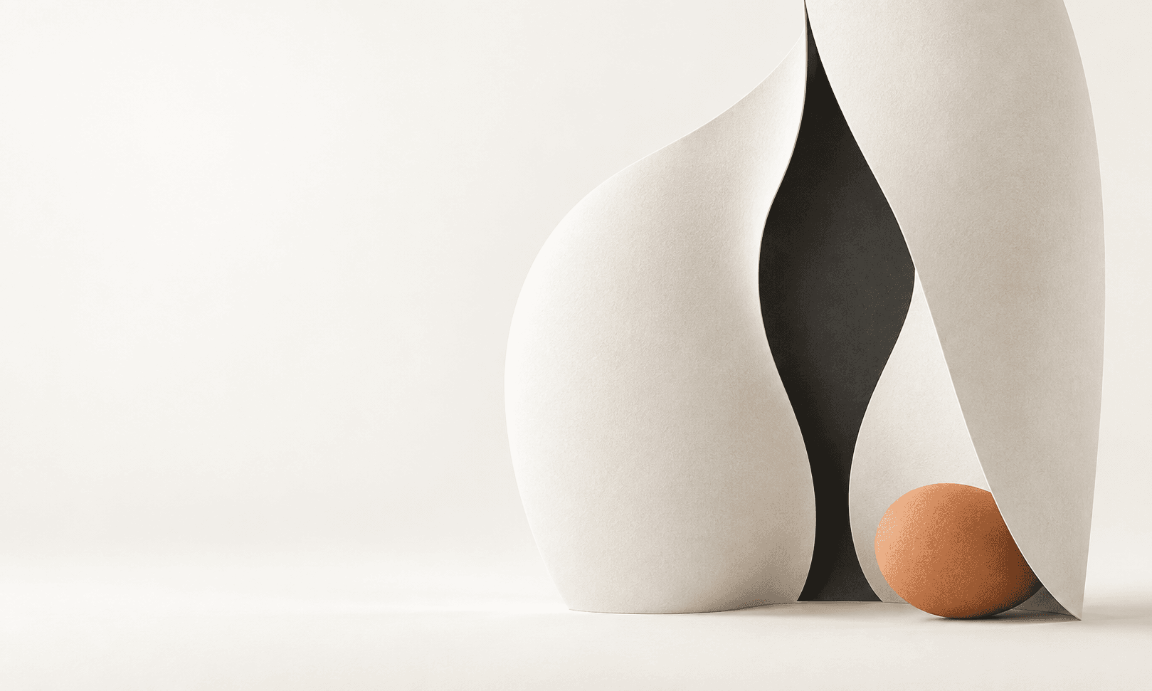 Two flowing ivory planes create a dark slender gap above a small apricot oval