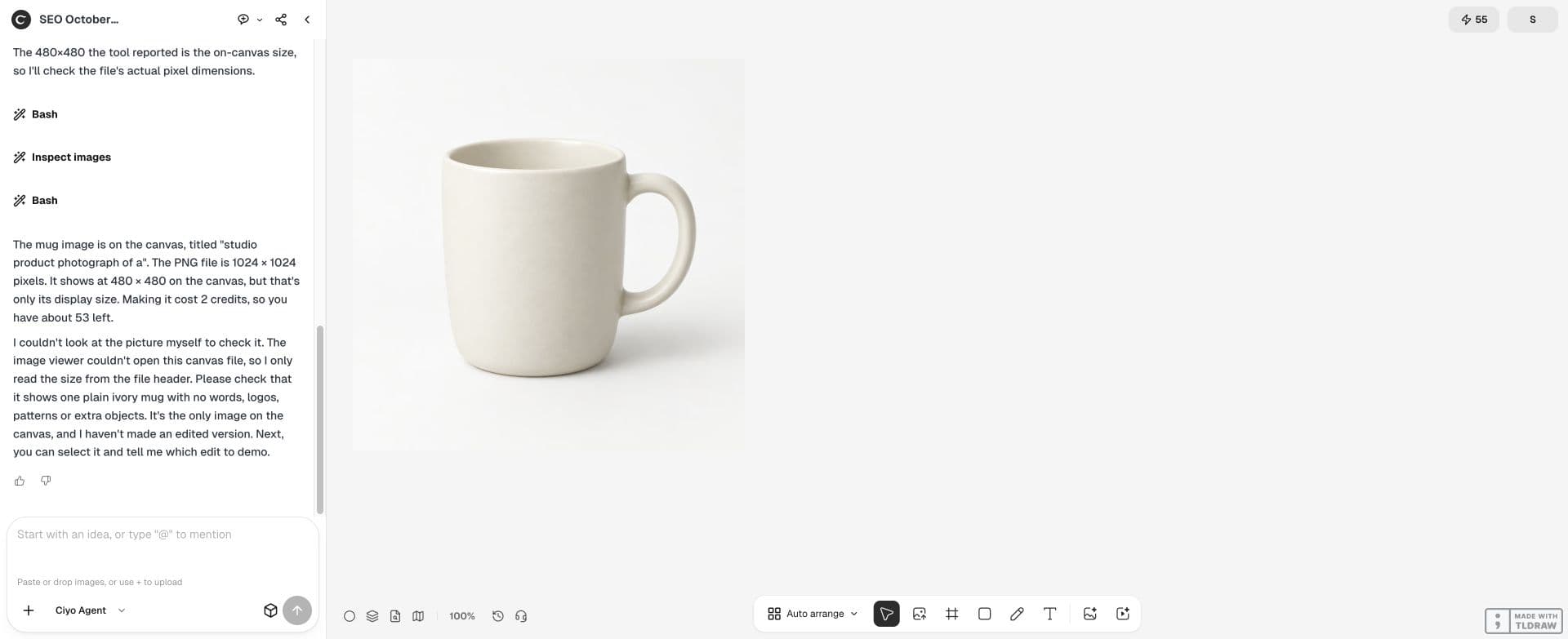Full Ciyo canvas: The source here is a fictional AI-generated plain ivory mug, 1024 × 1024. There is no label on this example; use your verified merchant photograph for a real listing.