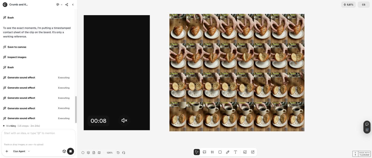The Ciyo board with a timing sheet of 32 video frames stamped from 0.00 to 7.75 seconds showing a croissant torn apart and a coffee cup set down, while the agent generates five sound effects