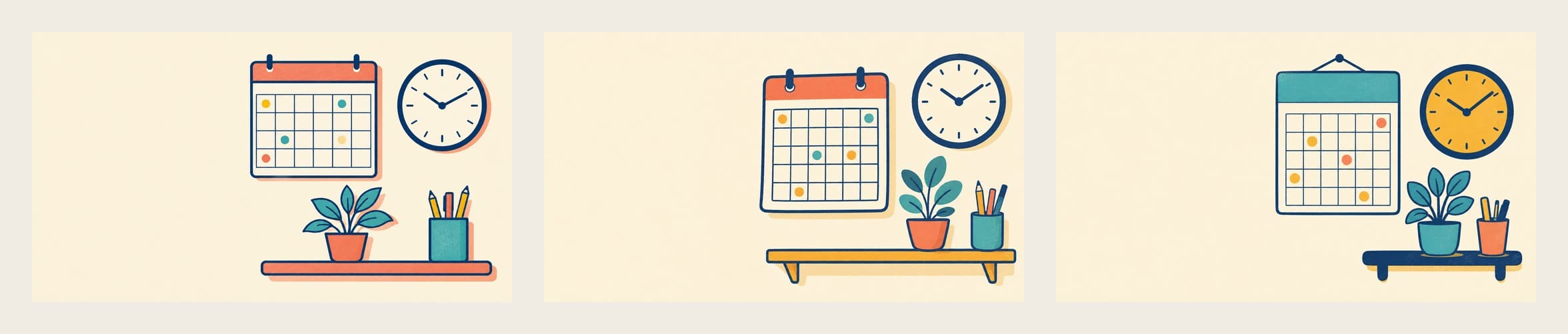 Three calendar and clock illustrations side by side: the control with coral tones, the first reference-based version with tan tones, and the remade version with a teal calendar header and marigold clock