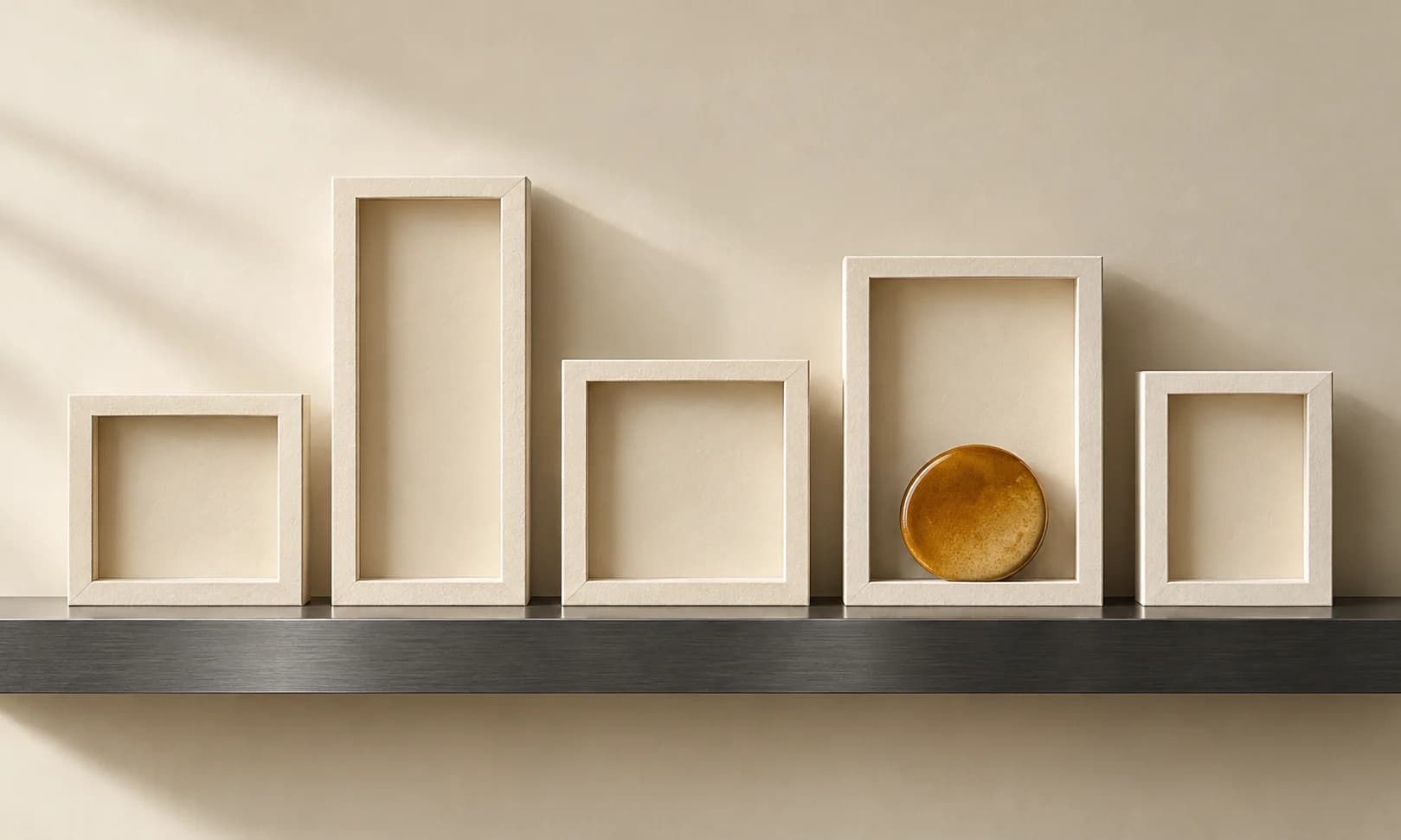 Five ivory frames form a sequence on a graphite shelf, with an amber disc in one frame.
