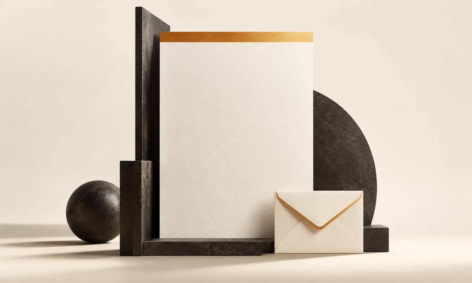 Layered ivory stationery sheets with a charcoal header-like bar and a small amber seal.