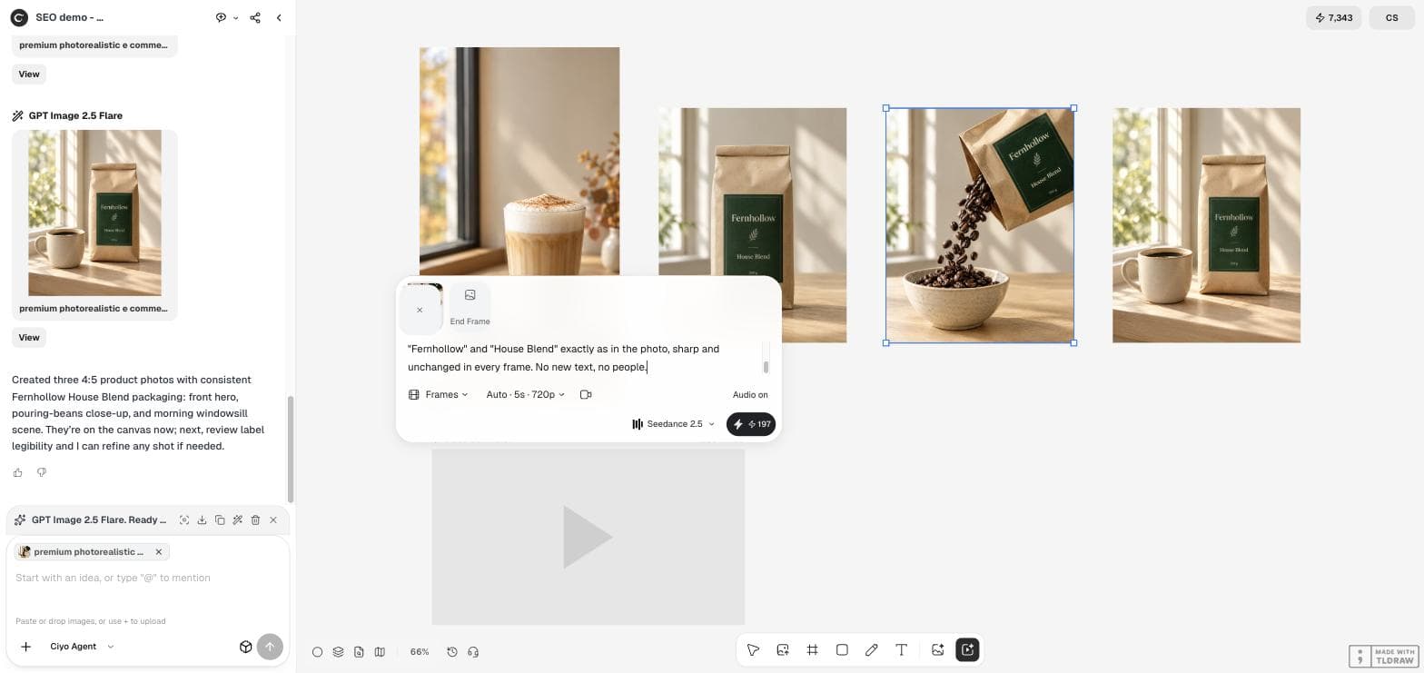 Ciyo 的 Video Generator 在 Frames 模式下,以倒咖啡豆的照片為起始影格,附上動態提示詞,選擇 Seedance 2.5,費用 197 點