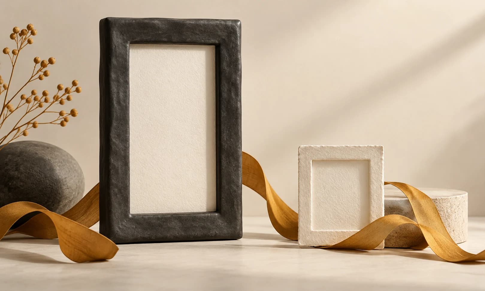 Large charcoal and small ivory picture frames with an unmarked amber ribbon