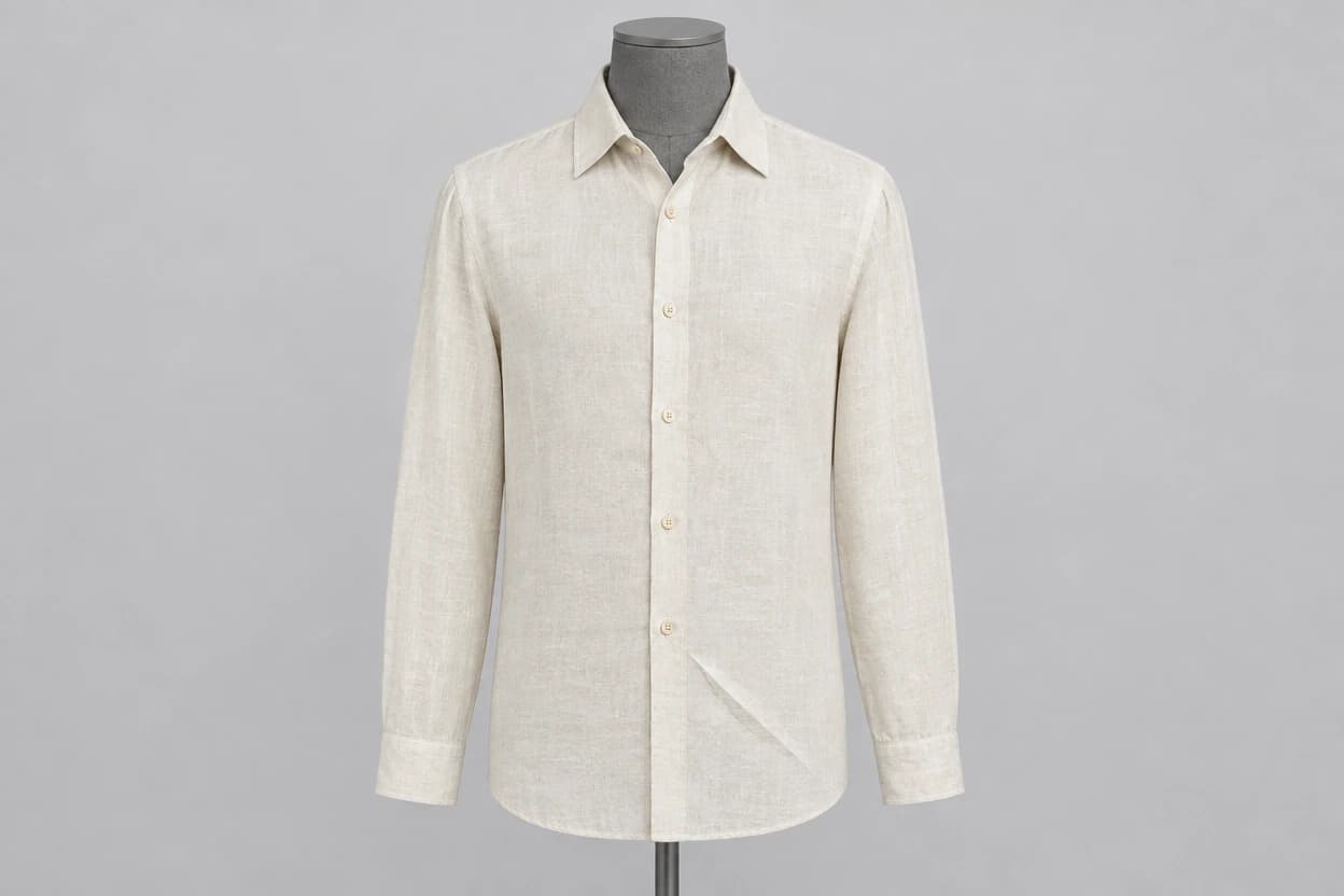 The original synthetic cream linen shirt on a grey mannequin.