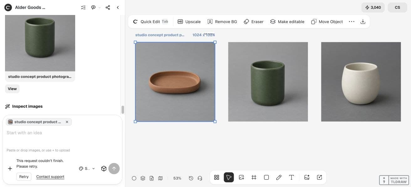 Full Ciyo viewport showing the observed Alder Goods catalog output and run state