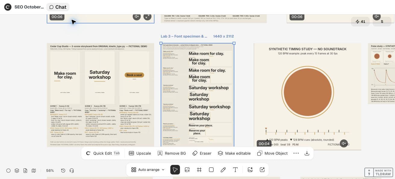 Full Ciyo product viewport showing the actual fictional fonts motion study and its review sheet