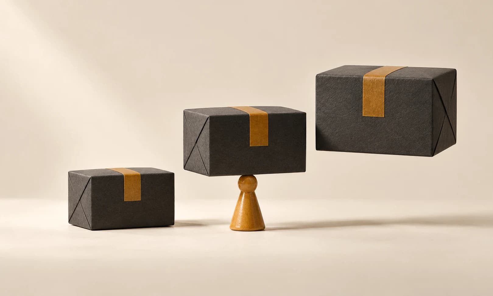 Three upright graphite forms on an ivory base aligned with a small amber marker