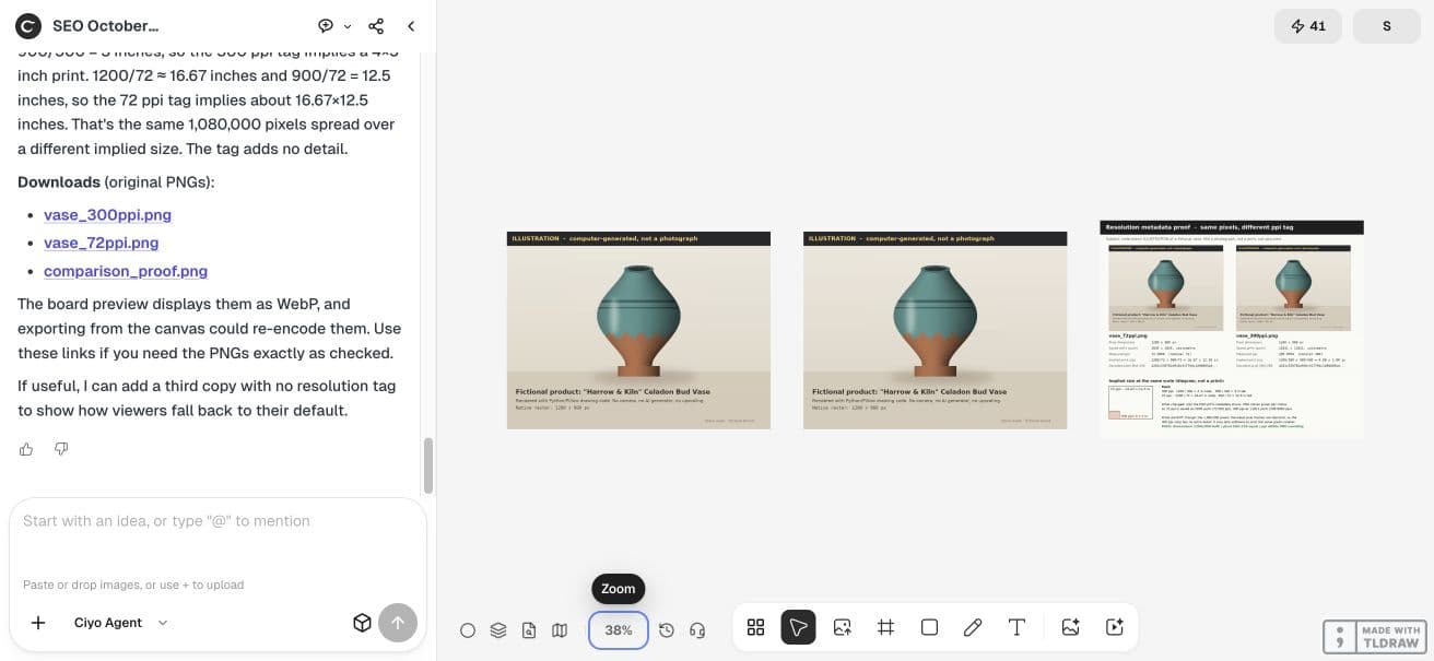 Full Ciyo canvas showing the same vase illustration with two resolution tags and a comparison proof