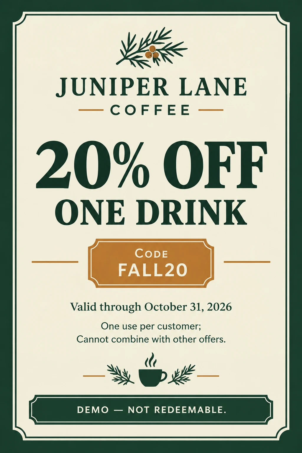 Juniper Lane fictional coupon with FALL20 demonstration code
