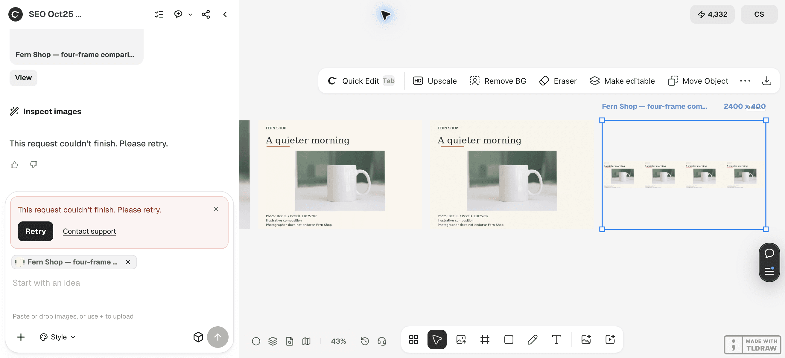 Live Ciyo canvas with the saved GIF, first-frame image and comparison strip alongside a failed final-review message