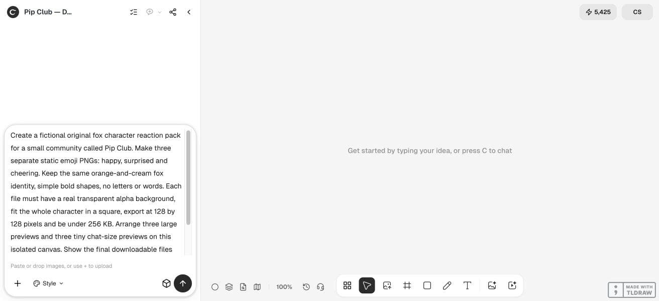 Full Ciyo viewport with the fictional Pip Club emoji input brief