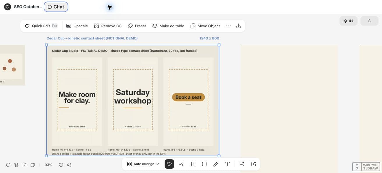 Full Ciyo product viewport showing the actual fictional typography motion study and its review sheet