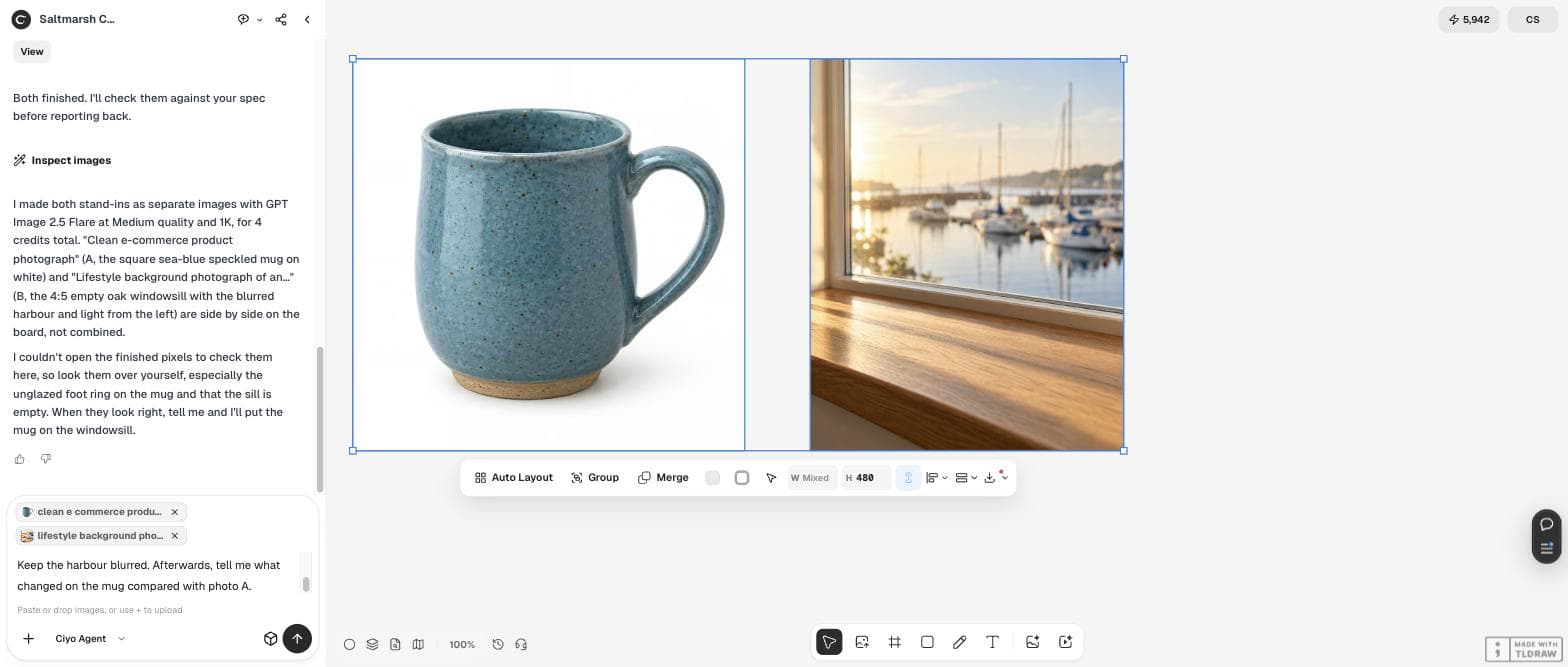 The Ciyo board with a blue speckled mug on white and an empty sunlit windowsill both selected, and two picture chips in the chat box above the typed request