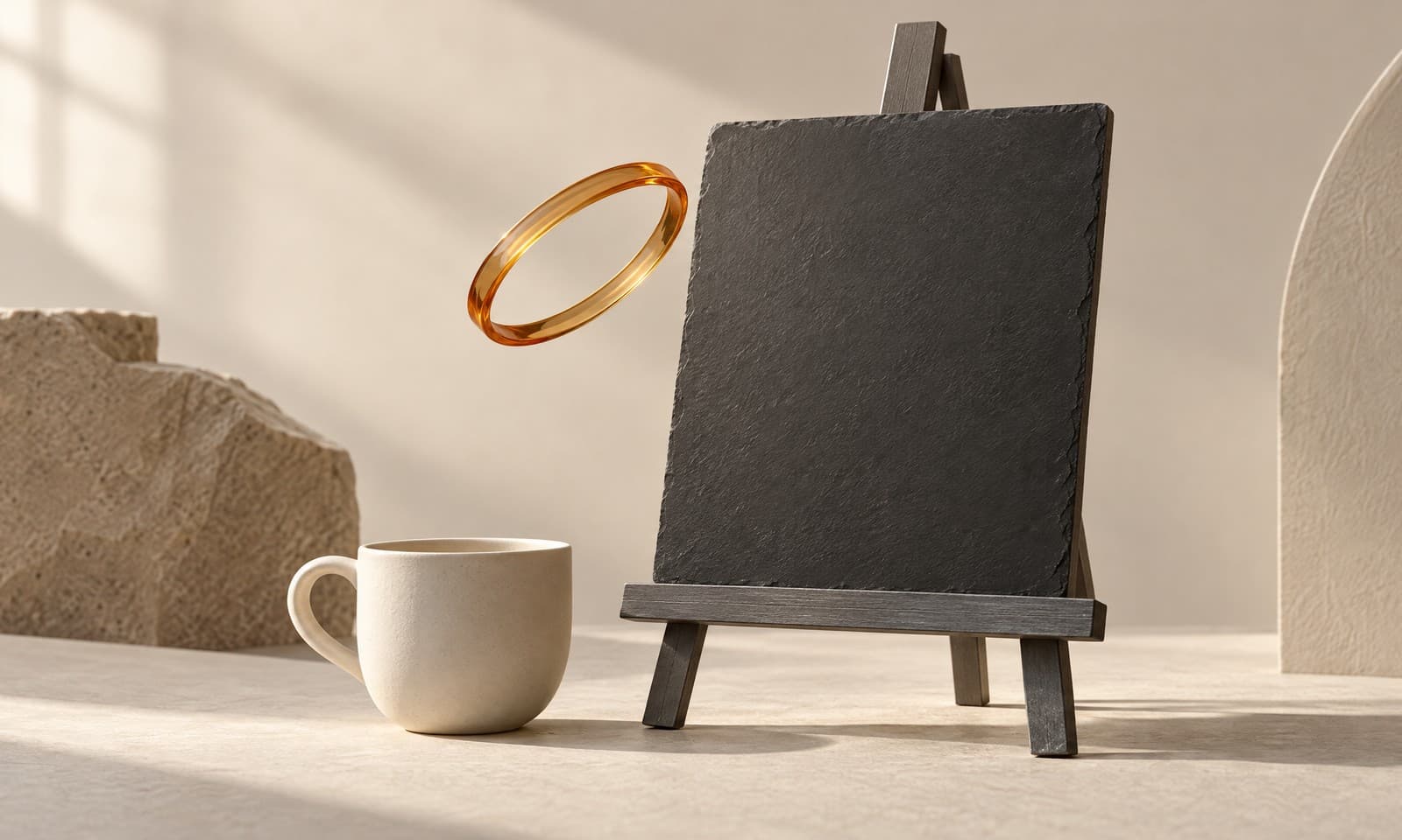 A blank charcoal slate board on a small easel beside an ivory cup, a pale stone and a floating amber ring