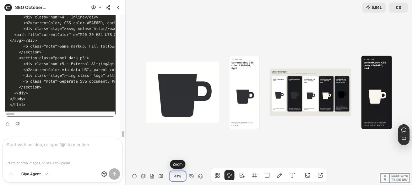 Full Ciyo canvas with the original mark, two theme outputs and the actual rendered HTML demo
