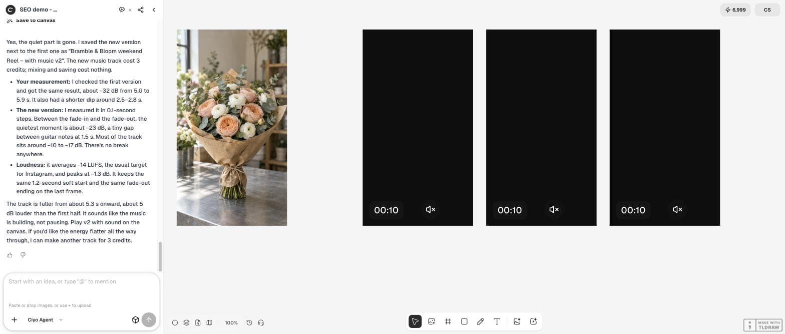 The Ciyo agent panel confirming the quiet part is gone and reporting the second track's levels, with three videos on the board