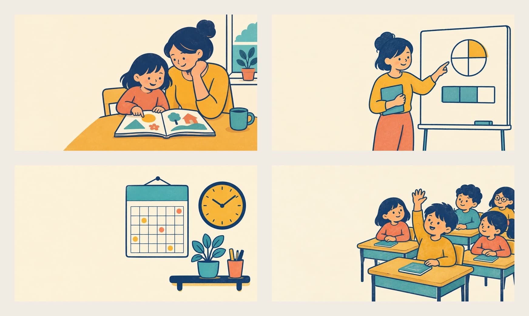 Four flat illustrations in one style: a parent and child reading, a tutor at a whiteboard with a fraction circle, a calendar and marigold clock, and a child raising a hand in class