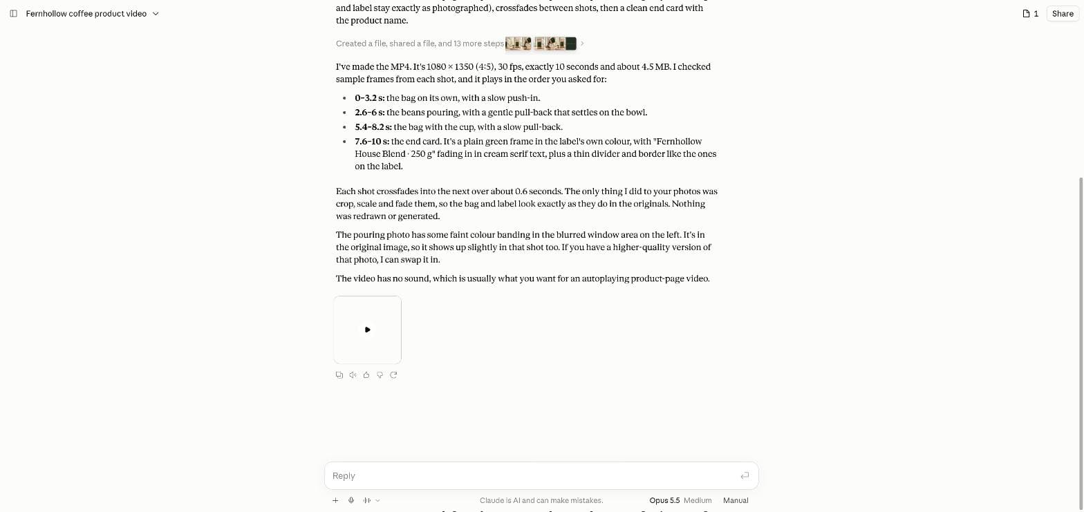 claude.ai 的回覆列出四個鏡頭和各自的時間,並說明照片只經過裁切、縮放和淡化