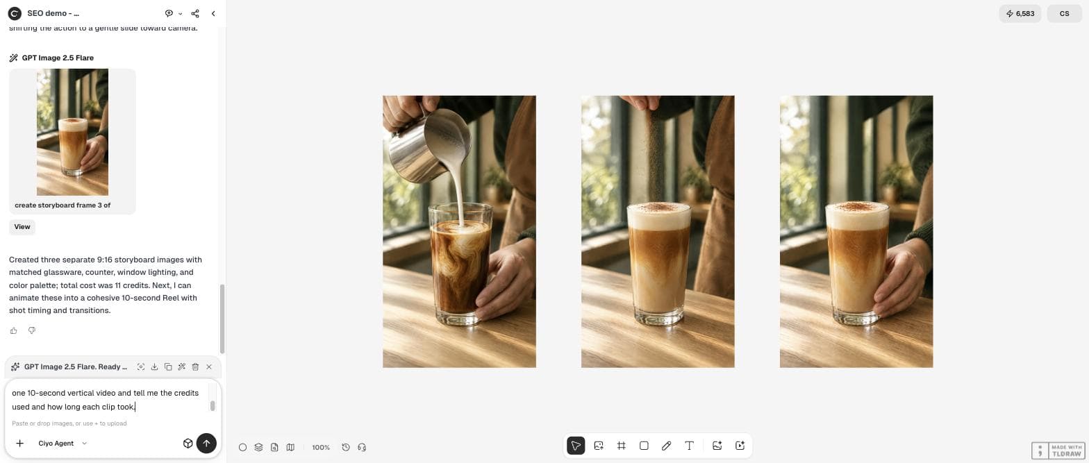 The Ciyo canvas with three storyboard frames of a latte being made, and the request for two clips typed in the agent box
